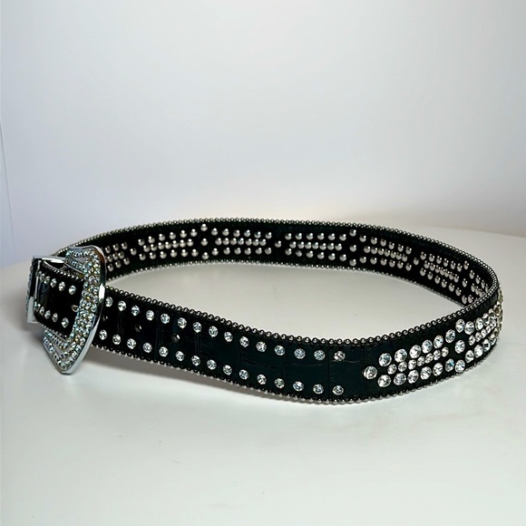 Y2K GENUINE LEATHER BLACK rhinestones changeable buckle 2019 Small rockstar - Picture 7 of 17